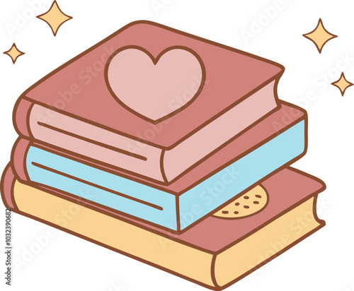 Minimalist stack of pastel books with heart and sparkles in cartoon style
