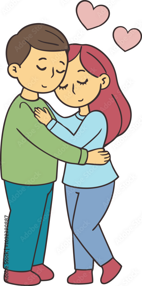 Cute cartoon couple embracing with hearts in love illustration Cute cartoon couple embracing with hearts in love illustration
