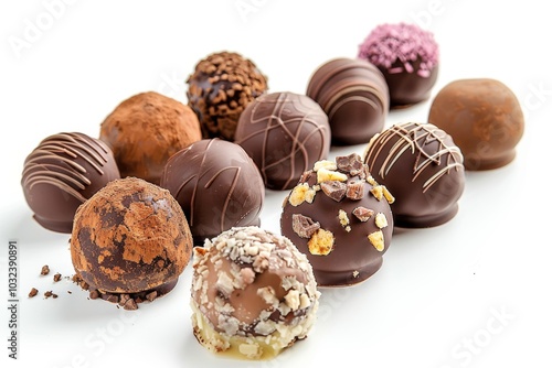 Assorted filled chocolate candies on a white background, with full depth of field, highlighting the glossy finishes and rich fillings photo