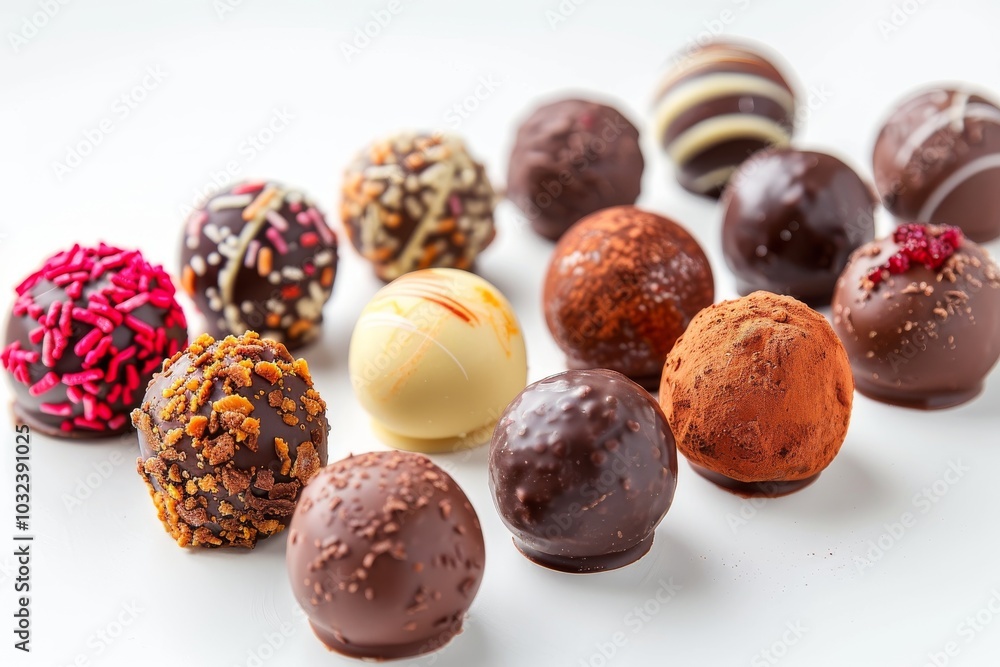 Assorted filled chocolate candies on a white background, with full depth of field, highlighting the glossy finishes and rich fillings Assorted filled chocolate candies on a white background, with full depth of field, highlighting the glossy finishes and rich fillings