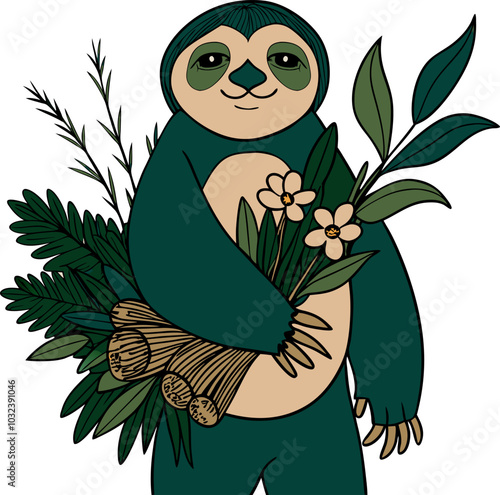 Cute sloth with bouquet of flowers and leaves in hand drawn style photo