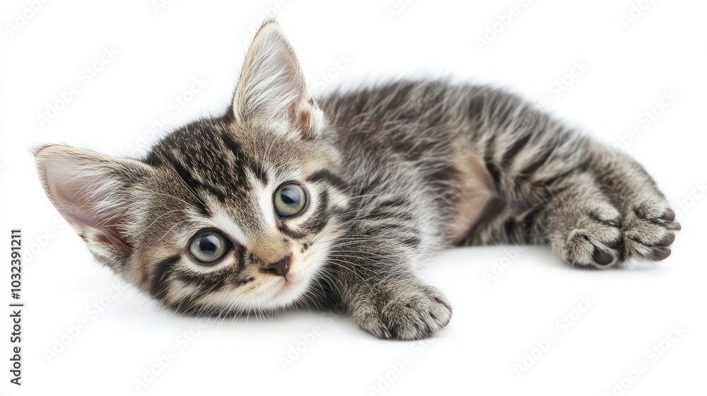 Obraz premium A cute tabby kitten lying on its belly with big, curious eyes looking up at the camera.