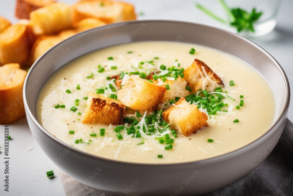 A bowl of thick garlic soup with a generous layer of melted cheese, placed on a white surface with a scattering of croutons and herbs around A bowl of thick garlic soup with a generous layer of melted cheese, placed on a white surface with a scattering of croutons and herbs around