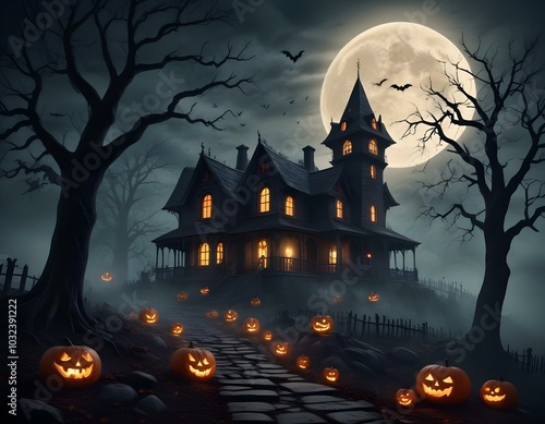 Spooky Haunted House Scene A dark, eerie haunted house on a hill, surrounded by twisted trees and fog. Bats fly across the full moon, and glowing jack-o'-lanterns line the cobblestone path leading  photo