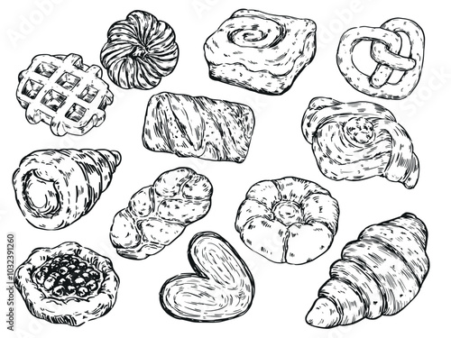 Set of sketch hand drawn pastry and bakery vector food illustration