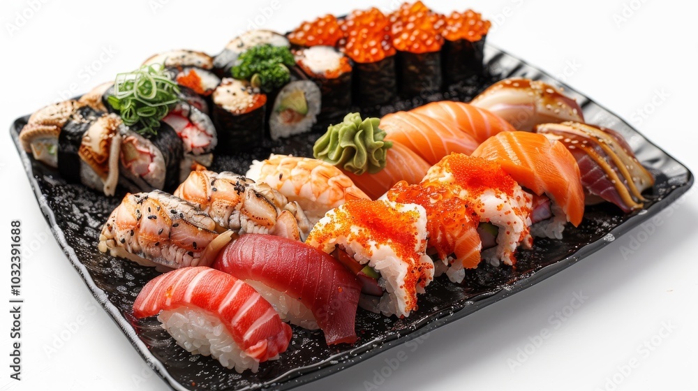Artfully arranged sushi rolls and sashimi on a sleek black plate, set against a crisp white background Artfully arranged sushi rolls and sashimi on a sleek black plate, set against a crisp white background
