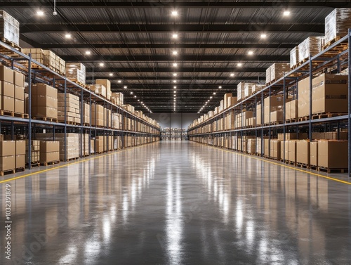 A spacious, modern warehouse featuring rows of shelves filled with stacked cardboard boxes, representing storage, logistics, and distribution.
