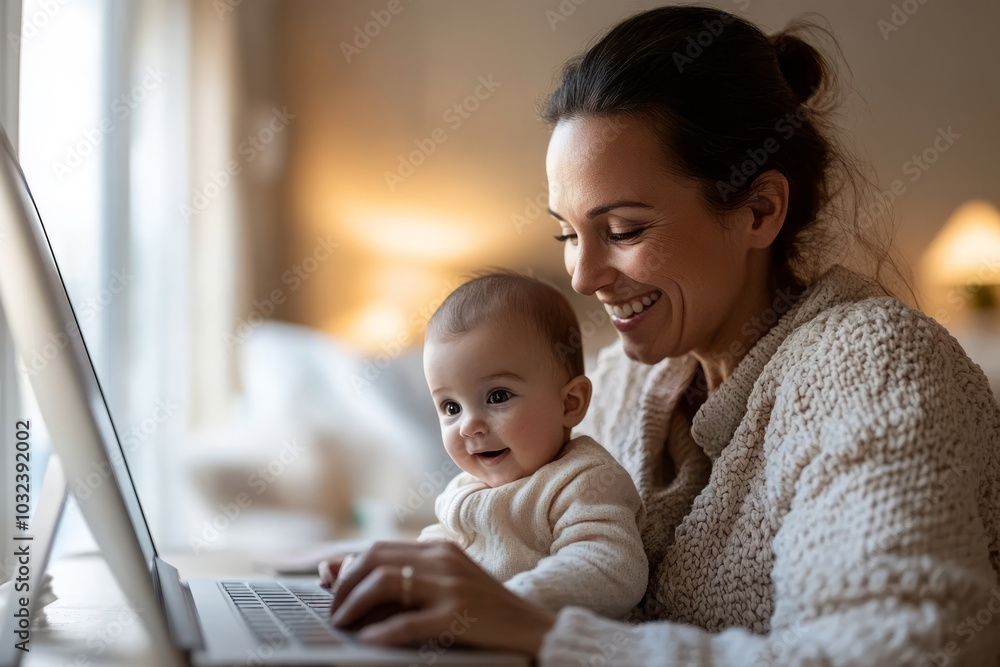 Mother holding her baby while working on a laptop at home Mother holding her baby while working on a laptop at home