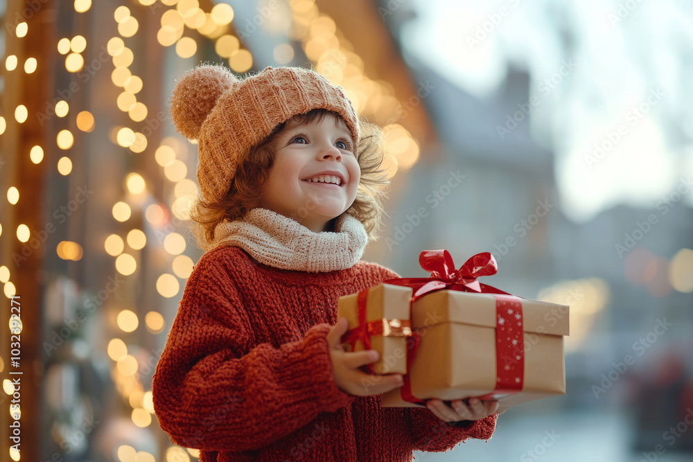 Joyful girl in a cozy sweater holding a wrapped gift box, surrounded by Christmas lights Joyful girl in a cozy sweater holding a wrapped gift box, surrounded by Christmas lights