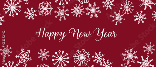 Happy New Year snowflakes abstract greeting card with falling flakes. Banner or background for winter holidays.