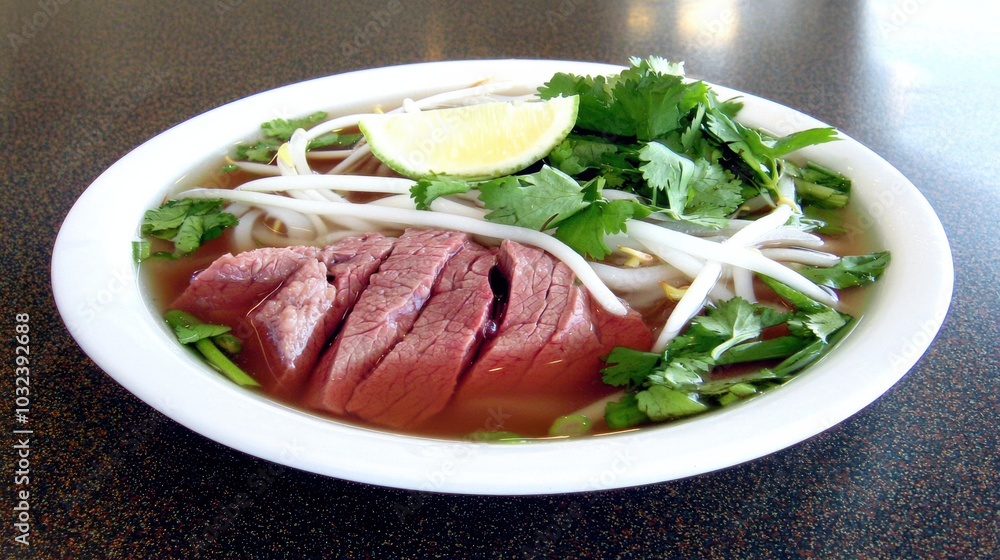Delicious Beef Soup with Fresh Herbs and Lime Slice Delicious Beef Soup with Fresh Herbs and Lime Slice