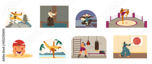 Asian martial arts Kendo, Ikido, Ninjutsu, Sumo Karate boxing fighters combat sport training outdoor gym ring vector set
