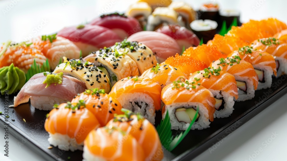 Artfully arranged sushi rolls and sashimi on a sleek black plate, set against a crisp white background Artfully arranged sushi rolls and sashimi on a sleek black plate, set against a crisp white background