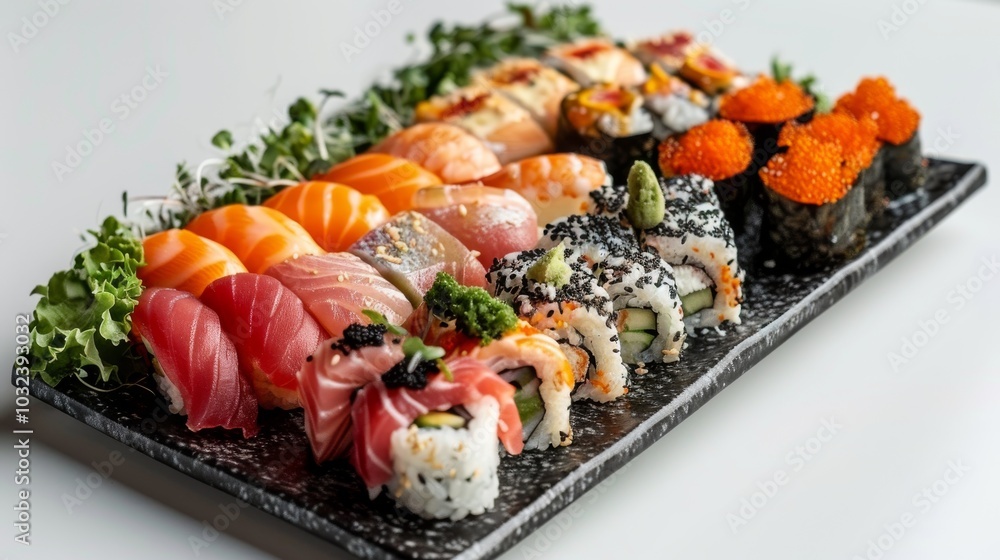 Artfully arranged sushi rolls and sashimi on a sleek black plate, set against a crisp white background Artfully arranged sushi rolls and sashimi on a sleek black plate, set against a crisp white background