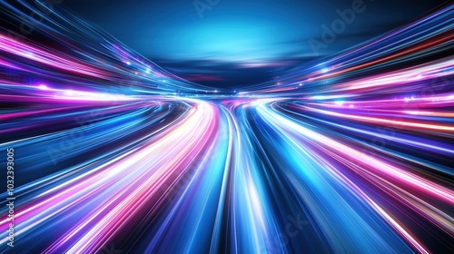 Abstract futuristic background featuring rapid neon light trails in shades of blue and pink, creating a dynamic and high-tech atmosphere. This digital design concept emphasizes speed and movement, ref