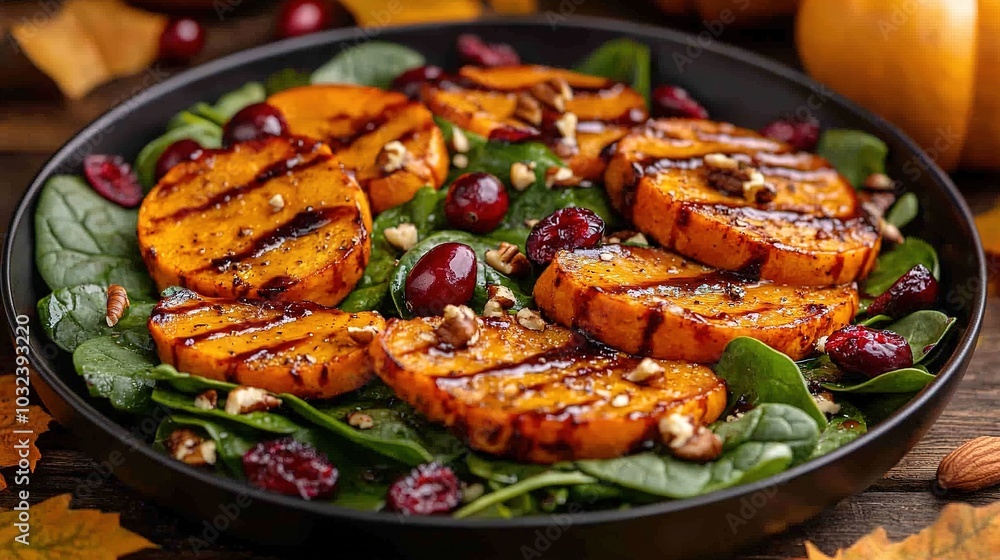Roasted pumpkin salad with spinach and walnut on a black plate on a old wooden background. Top view Roasted pumpkin salad with spinach and walnut on a black plate on a old wooden background. Top view
