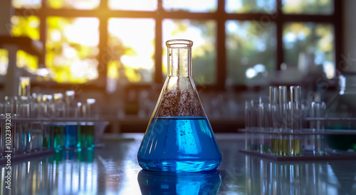 A beaker with blue liquid sits on the table, surrounded by glass test tubes of various colors. photo