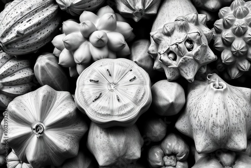 Black and White Photograph of Tropical FruitsExotic fruits in mo photo