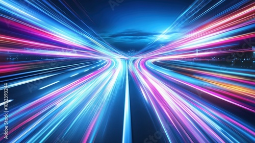 Abstract futuristic background featuring rapid neon light trails in shades of blue and pink, creating a dynamic and high-tech atmosphere. This digital design concept emphasizes speed and movement, ref