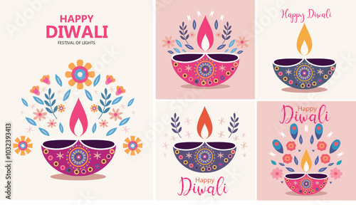Happy Diwali greeting cards, featuring a modern and colorful design. The illustrations should incorporate Diyas .oil lamps, hands holding candles, and abstract shapes in vibrant hues.