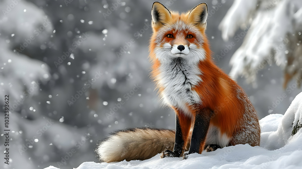 Red Fox Sitting in the Snow with a Snowy Background Red Fox Sitting in the Snow with a Snowy Background