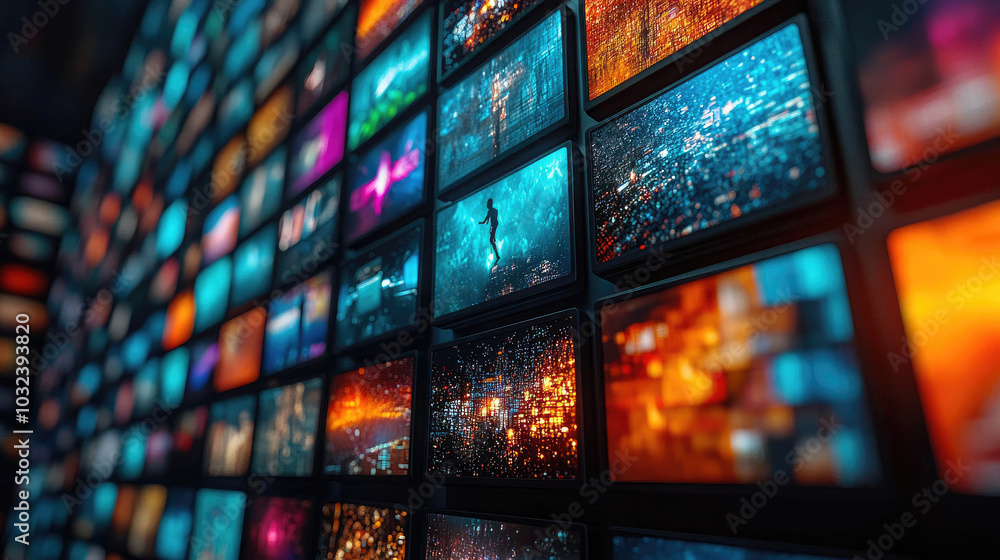 A wall of multiple television screens displaying different channels and news. A media concept for information overload and digital communication A wall of multiple television screens displaying different channels and news. A media concept for information overload and digital communication