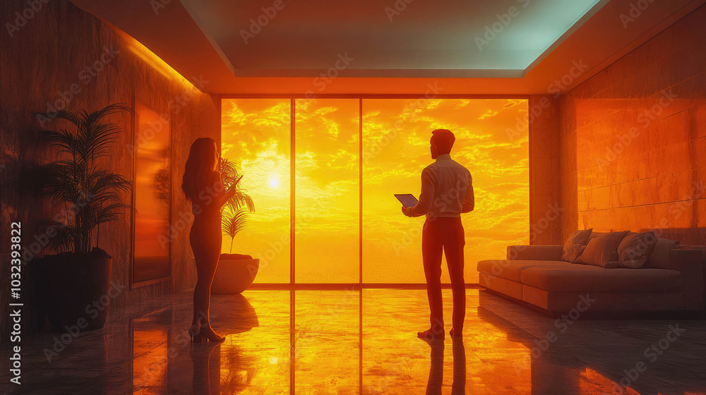 Silhouettes of two businesspeople meeting in a high-rise building, with a sunset skyline view. Symbolizes corporate dialogue and future planning Silhouettes of two businesspeople meeting in a high-rise building, with a sunset skyline view. Symbolizes corporate dialogue and future planning