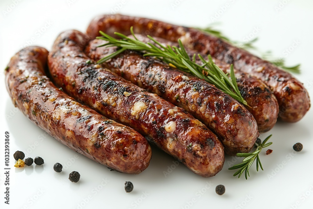Deliciously grilled sausages are arranged neatly on a white plate, highlighted by sprigs of fresh rosemary and scattered peppercorns. The enticing aroma and appealing colors make this dish look ready Deliciously grilled sausages are arranged neatly on a white plate, highlighted by sprigs of fresh rosemary and scattered peppercorns. The enticing aroma and appealing colors make this dish look ready
