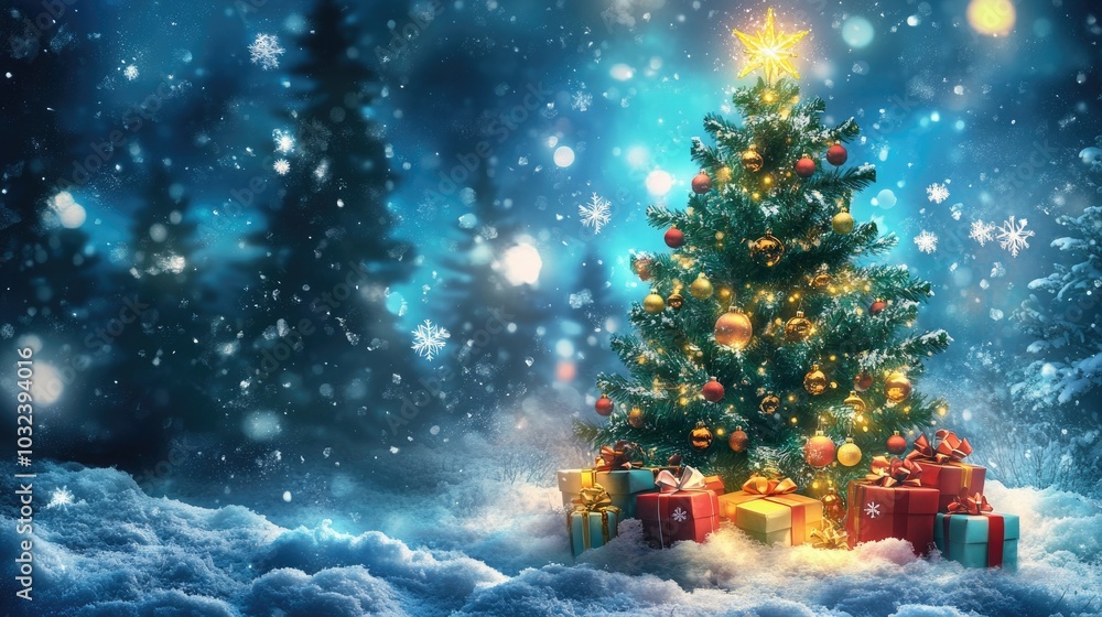 A Christmas tree with snowflakes, some gifts and mistletoe, The scene should be on the side and use the colors of Christmas A Christmas tree with snowflakes, some gifts and mistletoe, The scene should be on the side and use the colors of Christmas