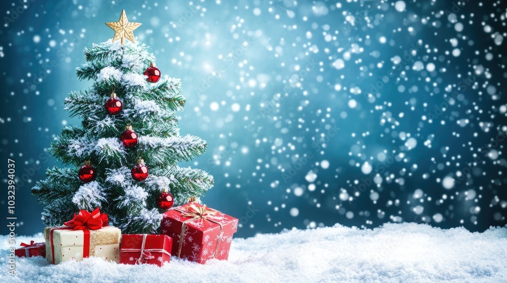 A Christmas tree with snowflakes, some gifts and mistletoe, The scene should be on the side and use the colors of Christmas A Christmas tree with snowflakes, some gifts and mistletoe, The scene should be on the side and use the colors of Christmas