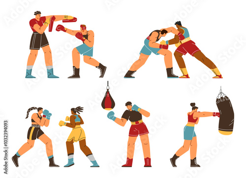 Boxers fighting, training and exercising vector set, professional sportsmen in sportswear hitting punching bag wrestling