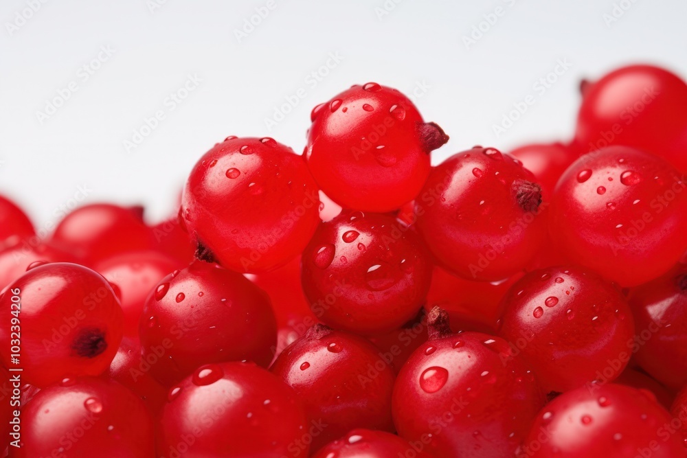 A detailed macro shot of cowberries, focusing on their smooth skin and vibrant red color, against a white background that enhances their natural beauty A detailed macro shot of cowberries, focusing on their smooth skin and vibrant red color, against a white background that enhances their natural beauty