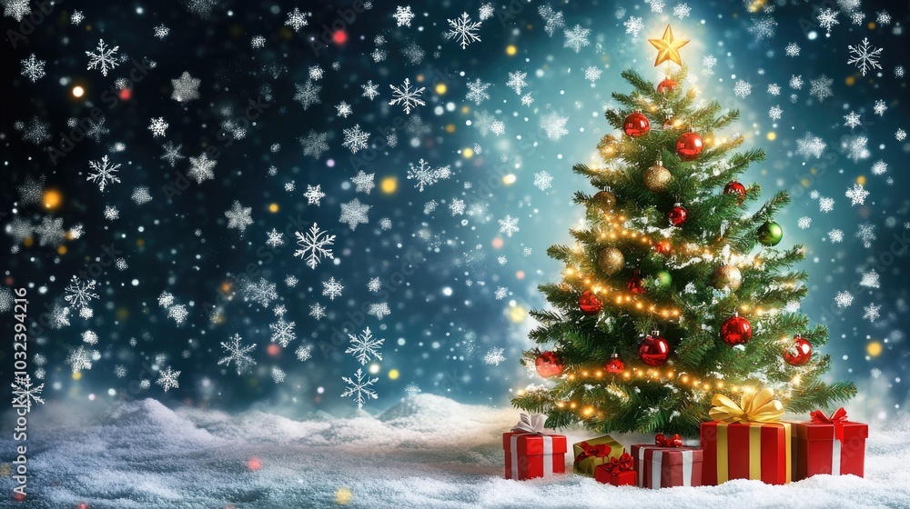 A Christmas tree with snowflakes, some gifts and mistletoe, The scene should be on the side and use the colors of Christmas A Christmas tree with snowflakes, some gifts and mistletoe, The scene should be on the side and use the colors of Christmas