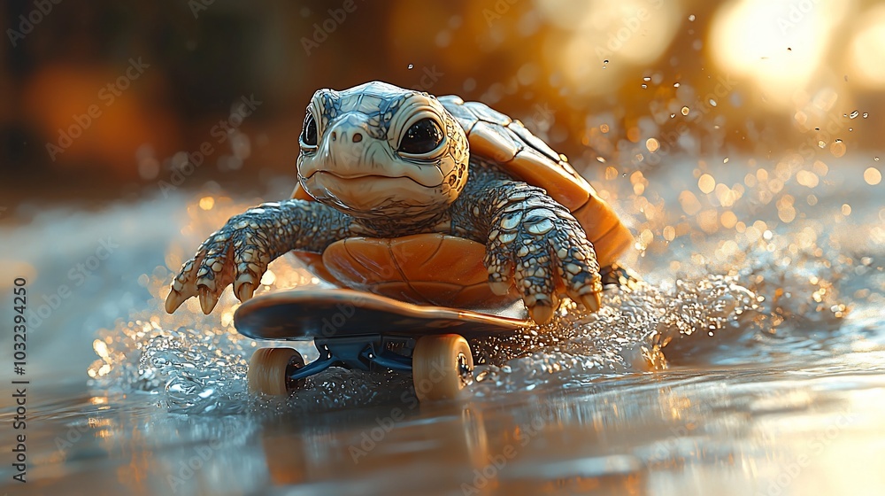 A small turtle riding a skateboard in a shallow pond, with splashing water and a golden glow behind. A small turtle riding a skateboard in a shallow pond, with splashing water and a golden glow behind.