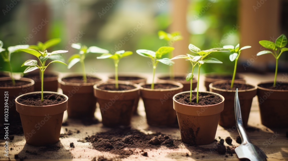 A detailed shot of freshly sprouted coffee bean seedlings with tiny leaves just beginning to unfurl, placed in biodegradable pots on a wooden table A detailed shot of freshly sprouted coffee bean seedlings with tiny leaves just beginning to unfurl, placed in biodegradable pots on a wooden table