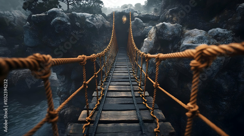 A Wooden Plank Bridge Suspended Over a Dark Gorge with Rope Handrails Leading to an Unknown Destination
