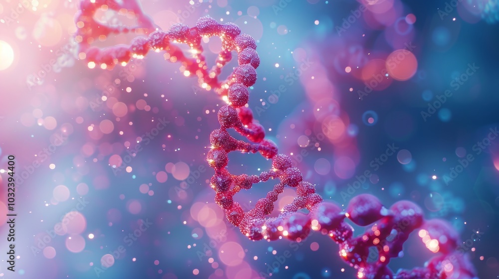 Beautiful spiral of red DNA double helix with light bokeh and bubbles, gracefully floating on a blue background Beautiful spiral of red DNA double helix with light bokeh and bubbles, gracefully floating on a blue background