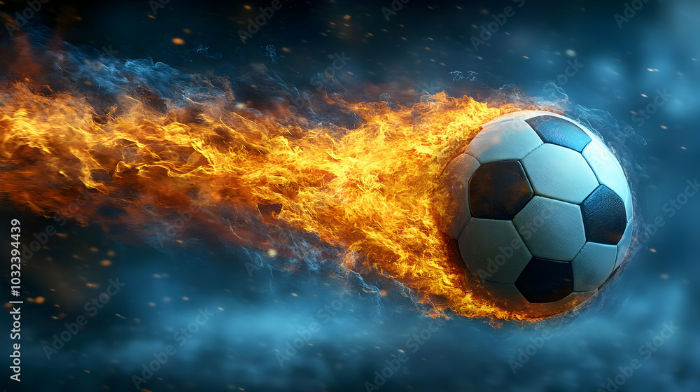 Fototapeta premium Soccer Ball Blazing Through the Air with Fire Trail, Abstract Background Animation for Sports Enthusiasts