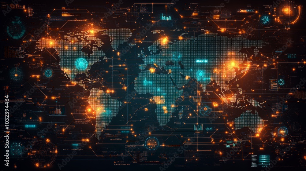 Global Network Map with Digital Connections and Data Flow Global Network Map with Digital Connections and Data Flow