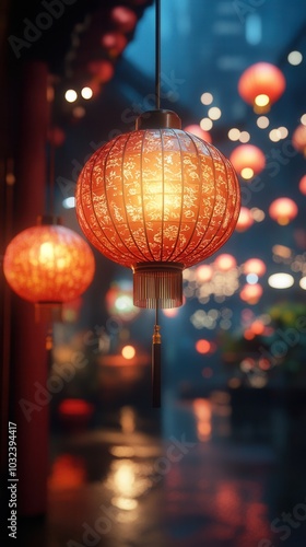 This captivating image showcases a series of glowing red lanterns adorning a lively street, symbolizing celebration and tradition in a vibrant Asian setting, inviting warmth and joy.