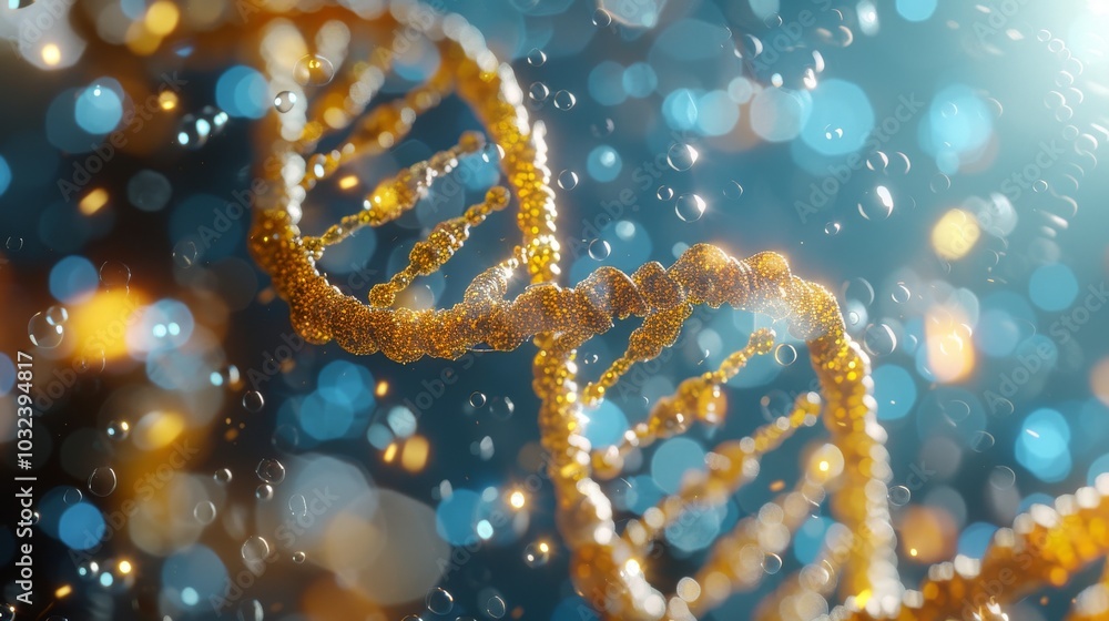 Beautiful spiral of yellow DNA double helix with light bokeh and bubbles, gracefully floating on a blue background Beautiful spiral of yellow DNA double helix with light bokeh and bubbles, gracefully floating on a blue background