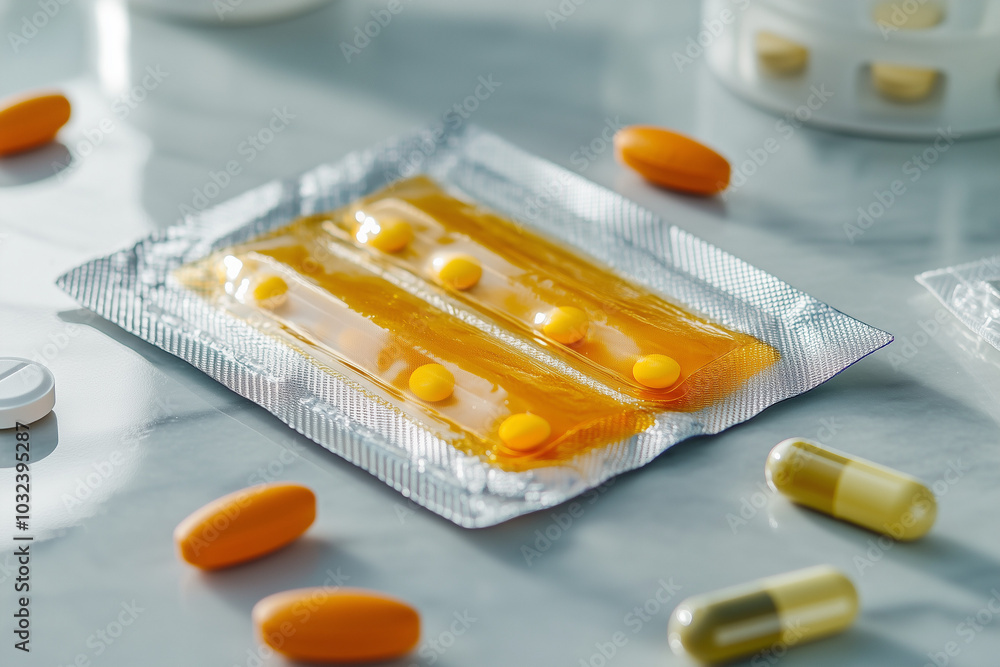 Yellow pill on table, Selective focus medicine in hospital.