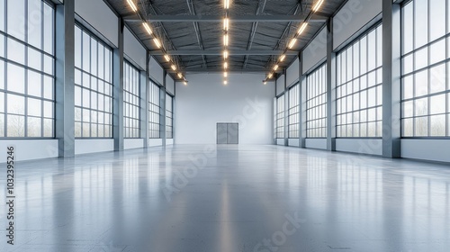 Spacious industrial interior with large windows and smooth floor.