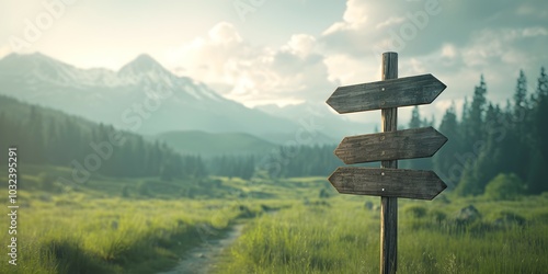 Rustic Wooden Signpost in Scenic Mountain Landscape