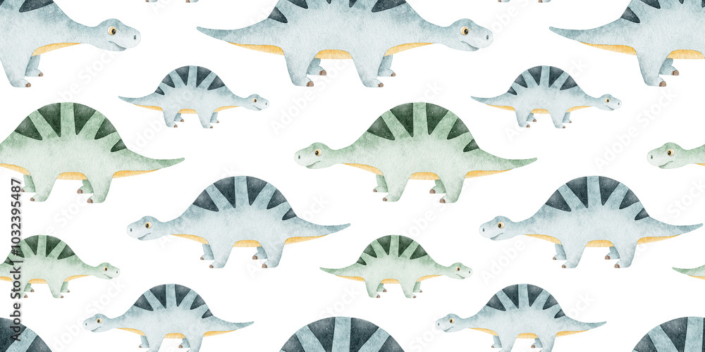 Fototapeta premium Herd of Cute blue sauropod dinosaurs. Childish background with dinos. Watercolor seamless patterns for design kid's rooms, scrapbook, clothes, textile