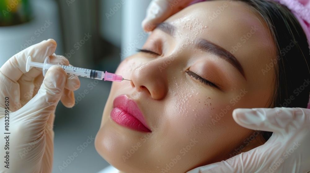 Asian girl at a beauty clinic receiving cosmetic surgery for skin whitening and rejuvenation, achieving a youthful appearance Asian girl at a beauty clinic receiving cosmetic surgery for skin whitening and rejuvenation, achieving a youthful appearance