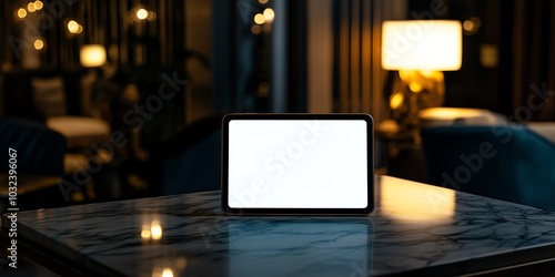 Wallpaper Mural A tablet with a blank screen sits on a marble table in a dimly lit cafe. Torontodigital.ca