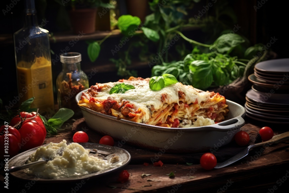 A rustic table setting with a baking dish of lasagna alla Bolognese, surrounded by ingredients like fresh tomatoes, garlic, and Parmesan cheese A rustic table setting with a baking dish of lasagna alla Bolognese, surrounded by ingredients like fresh tomatoes, garlic, and Parmesan cheese