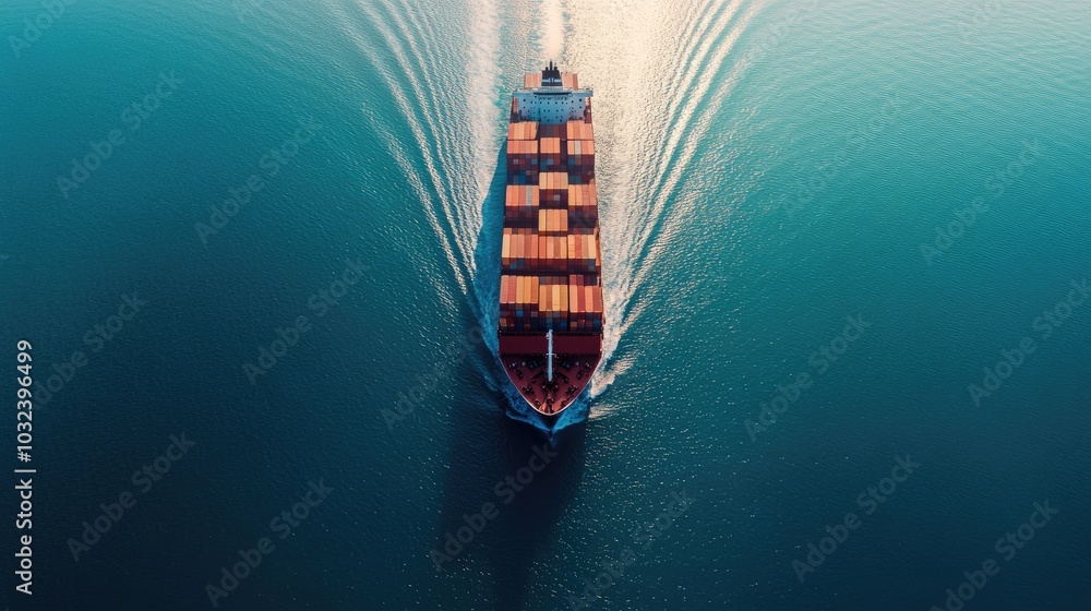 Aerial perspective of a large container ship with a clear contrail against blue waters, Cargo Ship, Aerial,Sea Transport Aerial perspective of a large container ship with a clear contrail against blue waters, Cargo Ship, Aerial,Sea Transport