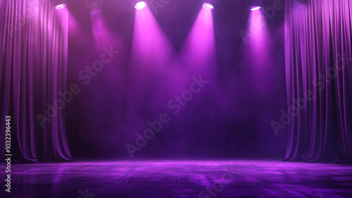 purple empty stage with spotlights and curtain